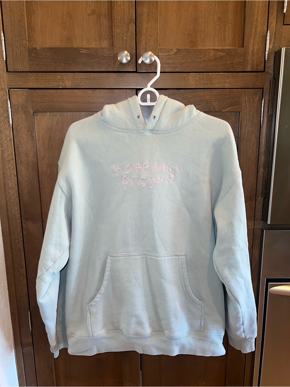 Happiness Project Hoodie Light Blue Grey Embroidered  Y2K Cozy Indie Cute